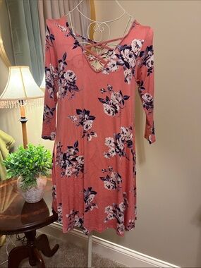 Rue21 Coral Floral Crisscross V-Neck Long Sleeve Dress